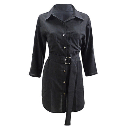 S-3XL Women Casual V Neck Long-sleeve Buttoned Shirt Mini Dress