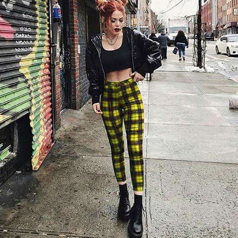 XS-3XL Women Casual Checkered High Waist Pencil Pants