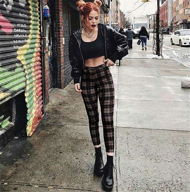 XS-3XL Women Casual Checkered High Waist Pencil Pants