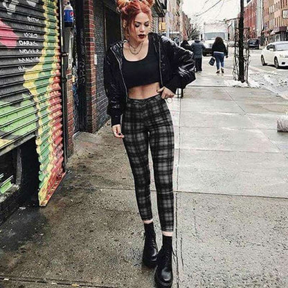XS-3XL Women Casual Checkered High Waist Pencil Pants