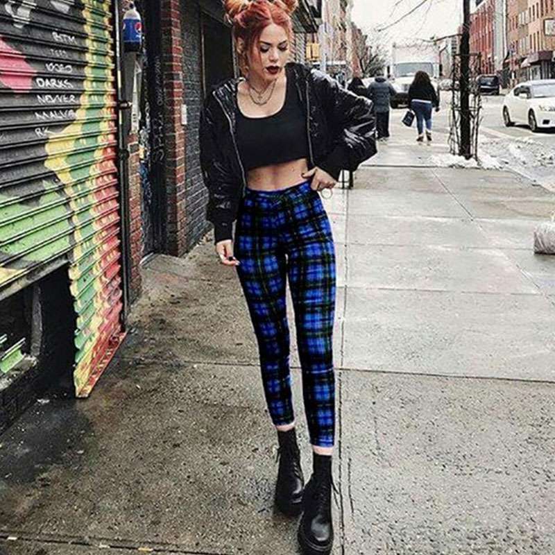 XS-3XL Women Casual Checkered High Waist Pencil Pants