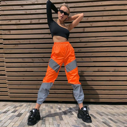 Pantalones deportivos casuales de tiro medio con diseño reflectante en color bloque, tallas S-XL