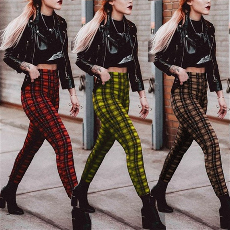 XS-3XL Women Casual Checkered High Waist Pencil Pants
