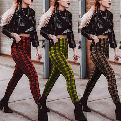 XS-3XL Women Casual Checkered High Waist Pencil Pants