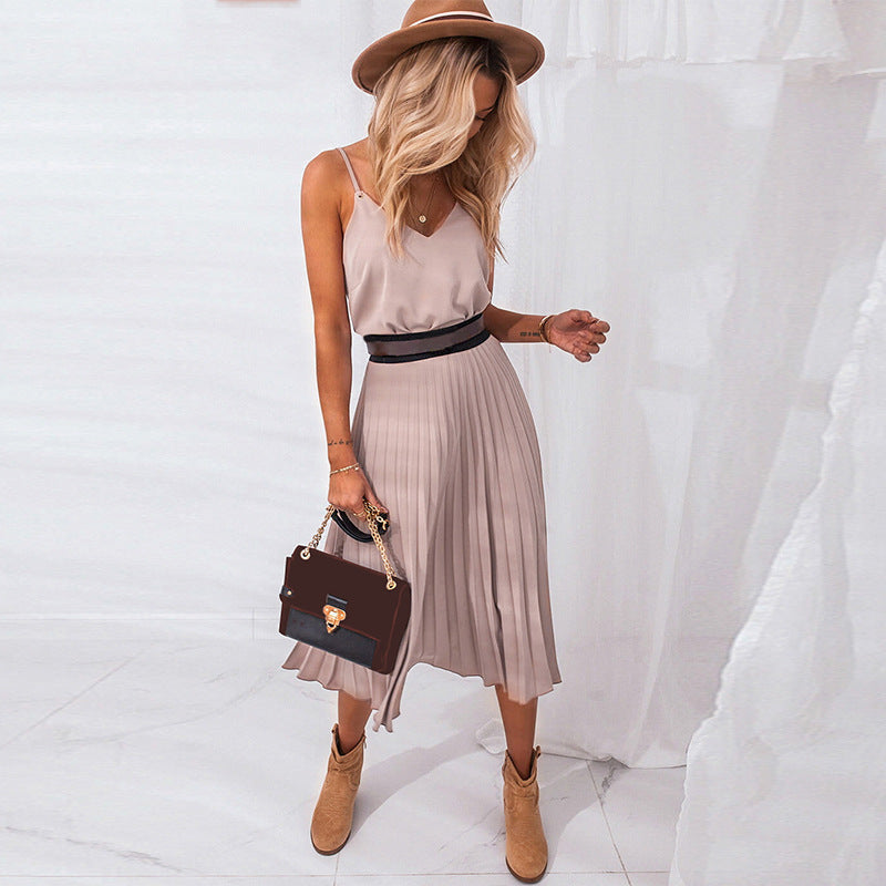 S-XL Sexy Sleeveless V-neck Pleated Casual Dress