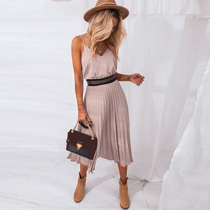 S-XL Sexy Sleeveless V-neck Pleated Casual Dress