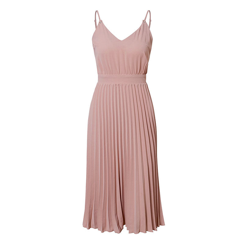 S-XL Sexy Sleeveless V-neck Pleated Casual Dress