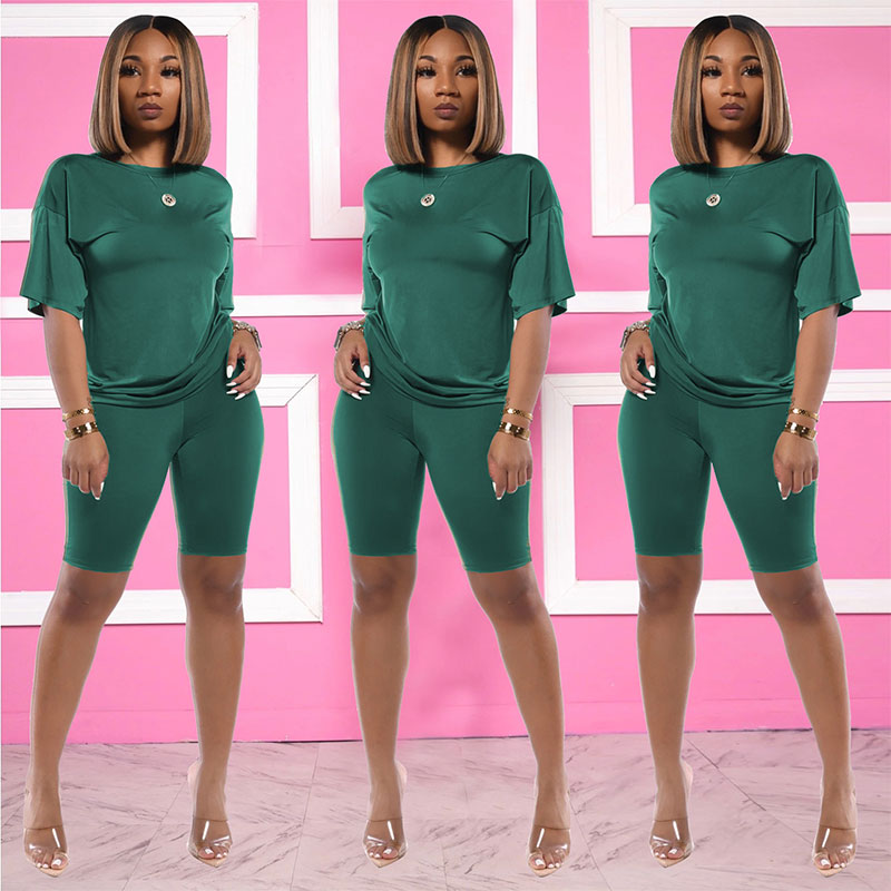 S-3XL Women Solid Color Casual Short-sleeve Tee And Sports Shorts Two-piece Sets