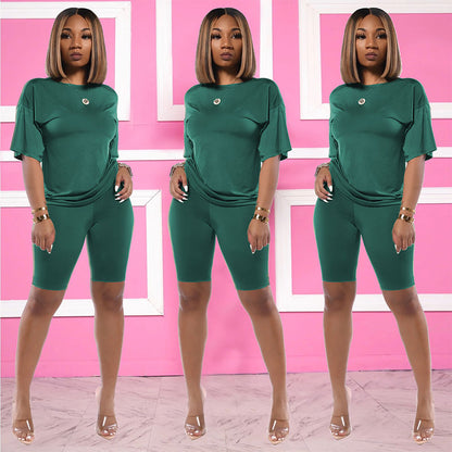 S-3XL Women Solid Color Casual Short-sleeve Tee And Sports Shorts Two-piece Sets