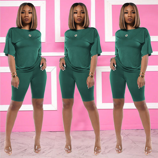 Conjunto de dos piezas de camiseta de manga corta y pantalones cortos deportivos informales de color liso para mujer, tallas S-3XL