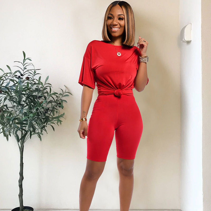 S-3XL Women Solid Color Casual Short-sleeve Tee And Sports Shorts Two-piece Sets
