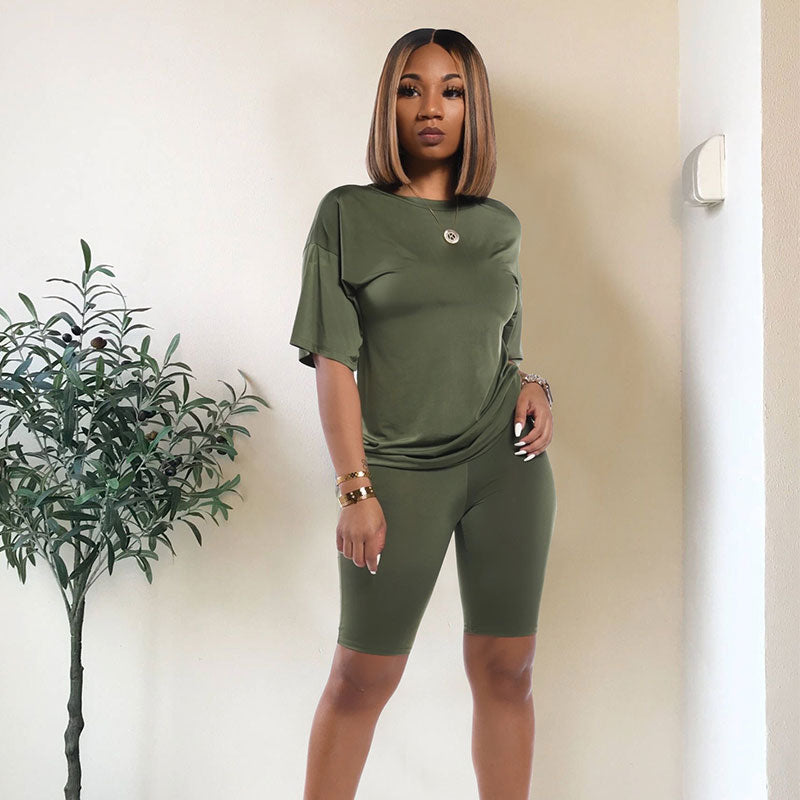 S-3XL Women Solid Color Casual Short-sleeve Tee And Sports Shorts Two-piece Sets