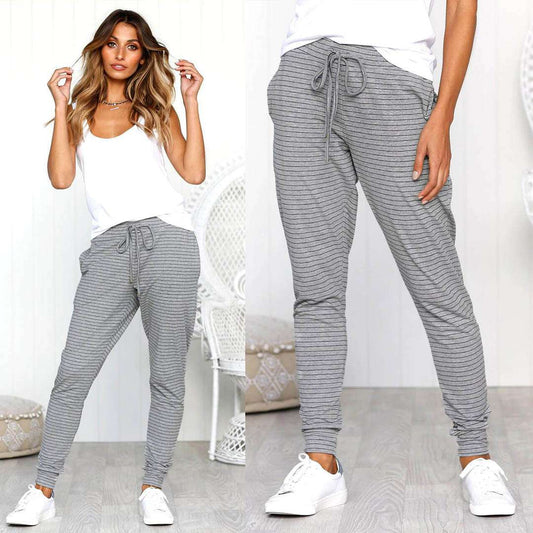 S-XL Women Stripe Drawstring Waist Casual Pants