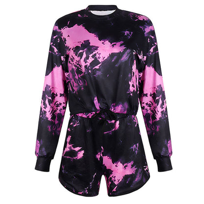S-2XL Women Sexy Tie-dye Long Sleeve Drawstring Top And Casual Shorts Two Piece Sets