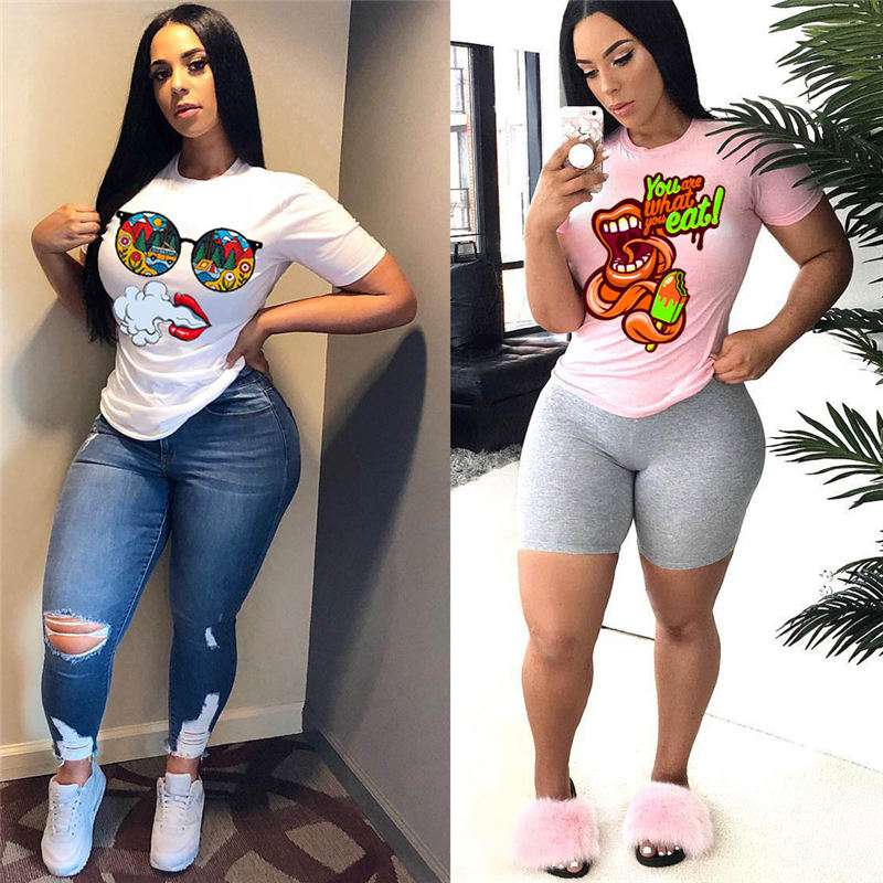 S-3XL Women Casual Cartoon Print Short-sleeve Tee