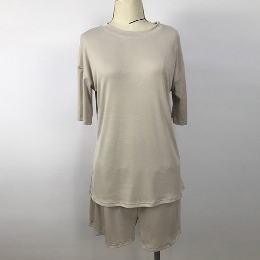 Conjuntos de dos piezas para mujer, tallas S-XL, color liso, cuello redondo, manga corta y pantalones cortos casuales