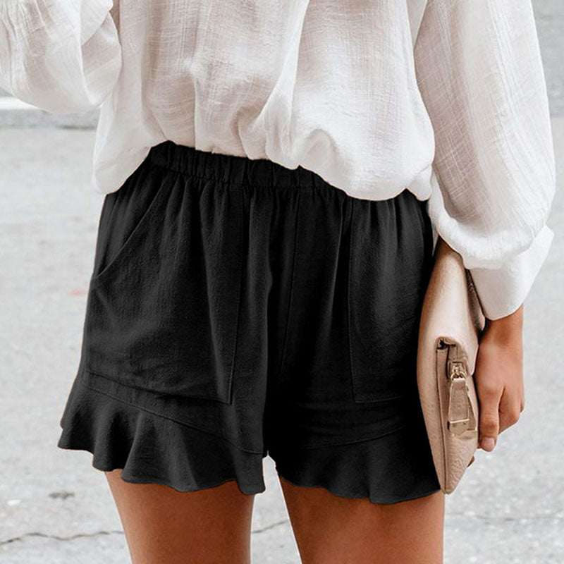 S-5XL Women Solid Color Elastic Waist Ruffle Casual Shorts