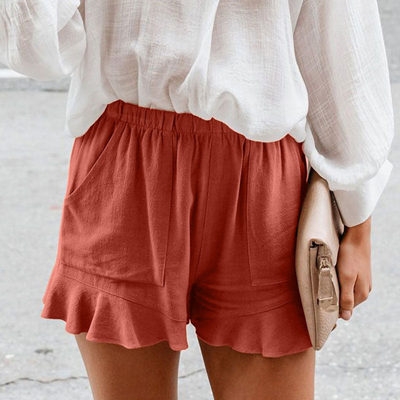 S-5XL Women Solid Color Elastic Waist Ruffle Casual Shorts