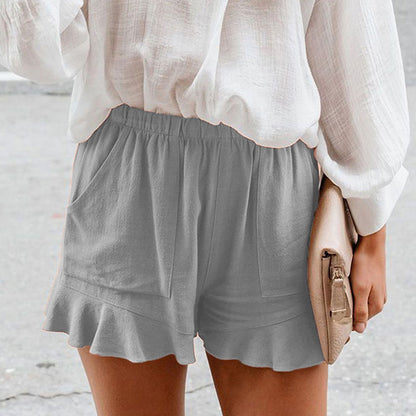 S-5XL Women Solid Color Elastic Waist Ruffle Casual Shorts