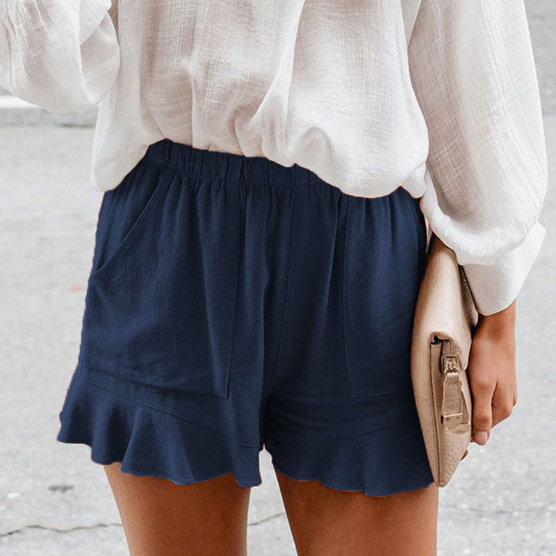 S-5XL Women Solid Color Elastic Waist Ruffle Casual Shorts