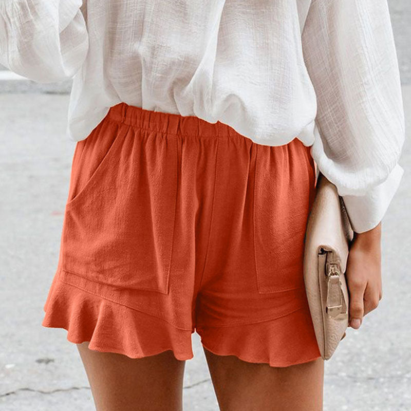 S-5XL Women Solid Color Elastic Waist Ruffle Casual Shorts