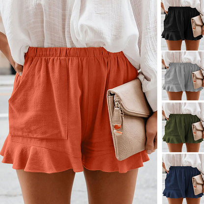 S-5XL Women Solid Color Elastic Waist Ruffle Casual Shorts