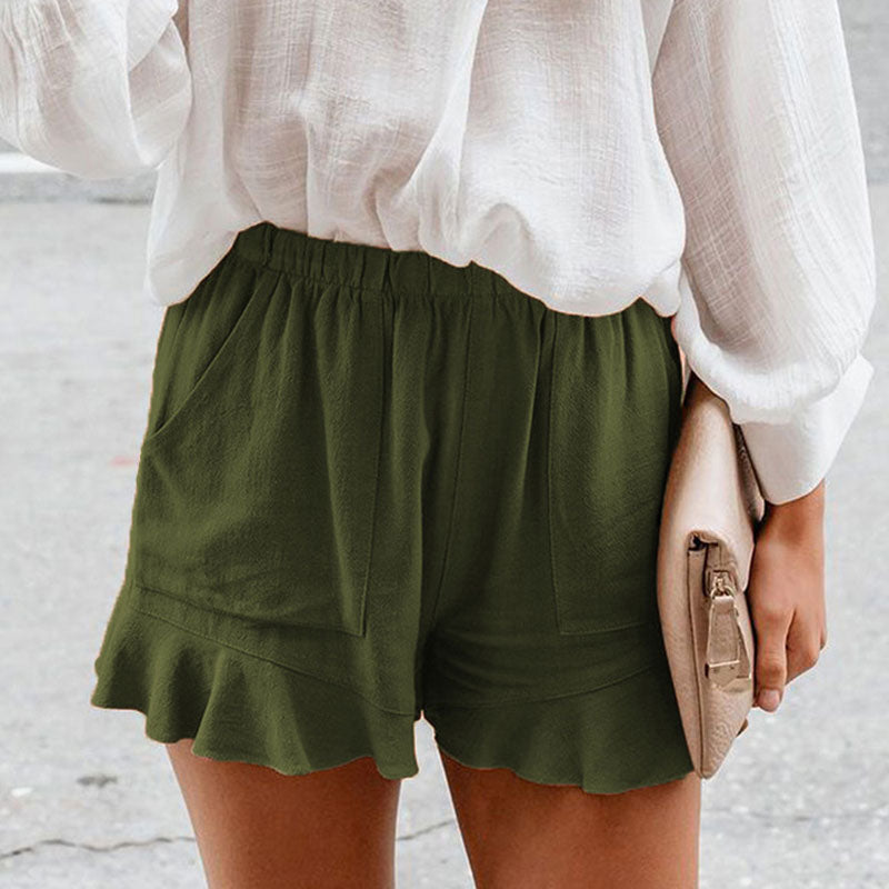 S-5XL Women Solid Color Elastic Waist Ruffle Casual Shorts