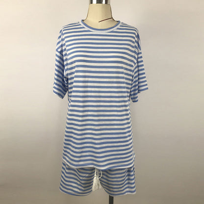 Conjuntos de dos piezas de top de manga corta a rayas con cuello redondo y pantalones cortos casuales de tallas S a XL