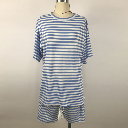 Conjuntos de dos piezas de top de manga corta a rayas con cuello redondo y pantalones cortos casuales de tallas S a XL