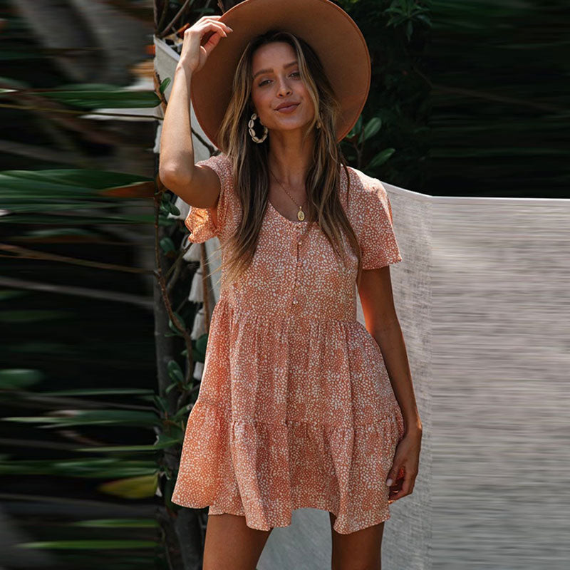 Vestido informal de manga corta con estampado de lunares y botonadura sencilla para mujer, tallas S-XXL