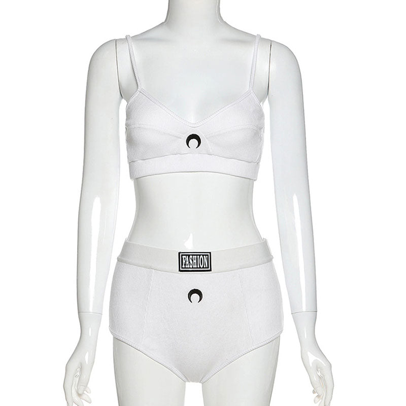 Conjunto de dos piezas con top de tirantes bordado y pantalones cortos casuales con estampado de letras de SL Fashion Moon