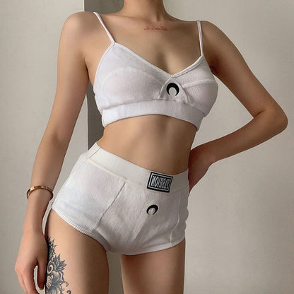 Conjunto de dos piezas con top de tirantes bordado y pantalones cortos casuales con estampado de letras de SL Fashion Moon