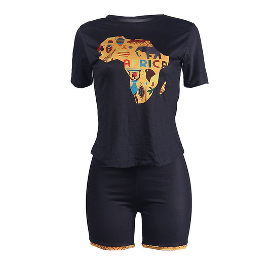 S-XL Women Casual Graphic Print Short-sleeve T-ee And Sports Shorts Two-piece Sets
