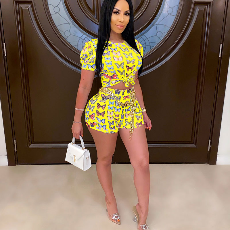 S-2XL Women Casual Butterfly Print Short-sleeve Top And Tight Shorts Two-piece Sets