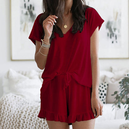 Conjunto informal de 2 piezas para mujer, tallas S-XXL, color liso, escote en V y volantes