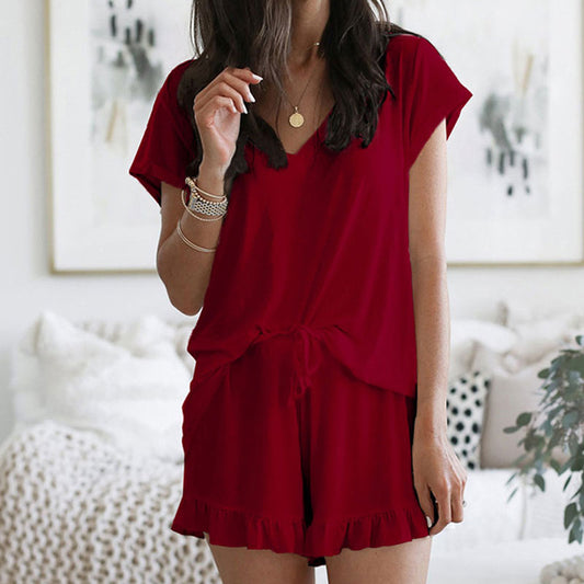 Conjunto informal de 2 piezas para mujer, tallas S-XXL, color liso, escote en V y volantes