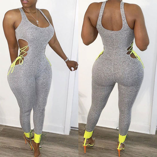 S-3XL Women Casual Contrast Bandage Patchwork Sports Jumpsuits