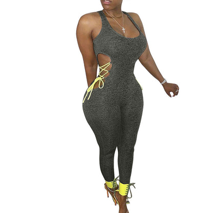 S-3XL Women Casual Contrast Bandage Patchwork Sports Jumpsuits