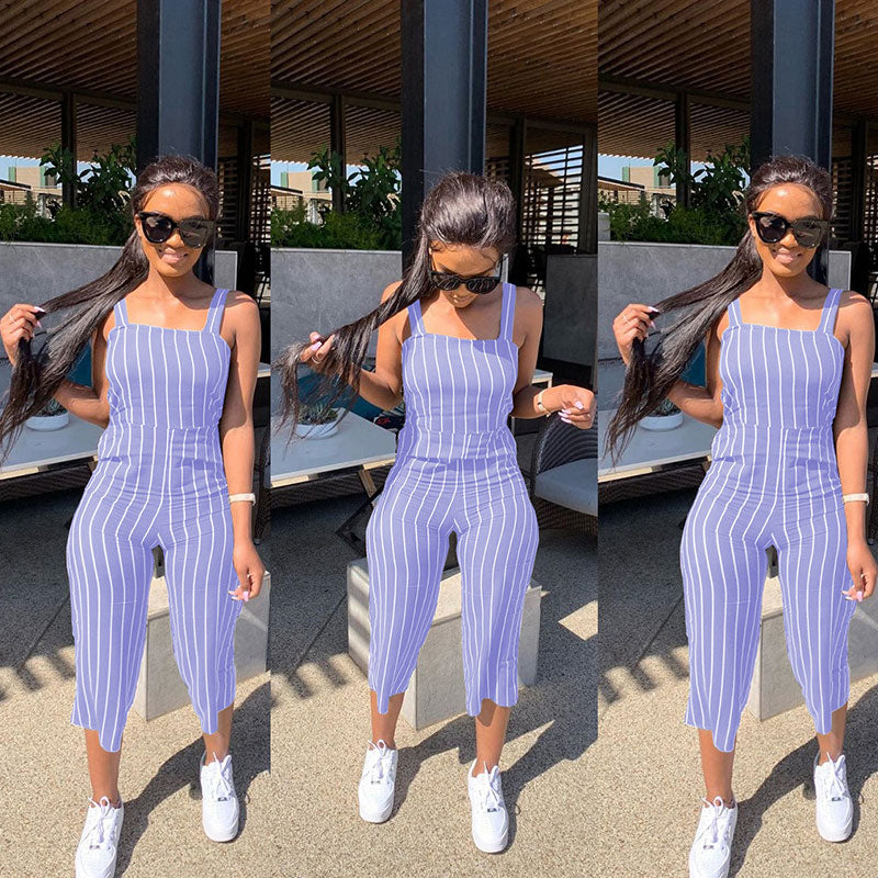 S-2XL Women Casual Striped Sling Jumpsuits