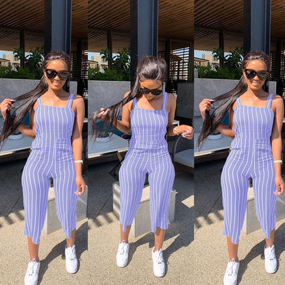 S-2XL Women Casual Striped Sling Jumpsuits