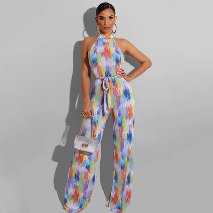 S-XL Women Casual Multicolor Halter Neck Sleeveless Lace-up Jumpsuit