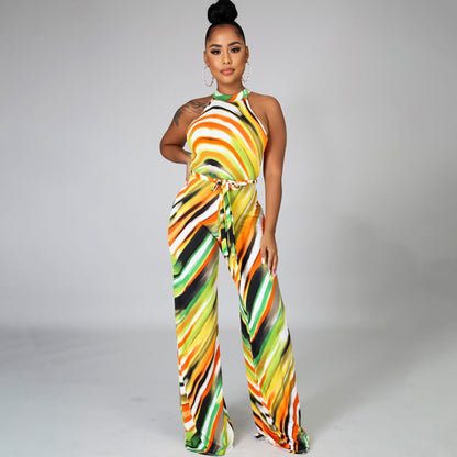 S-XL Women Casual Multicolor Halter Neck Sleeveless Lace-up Jumpsuit