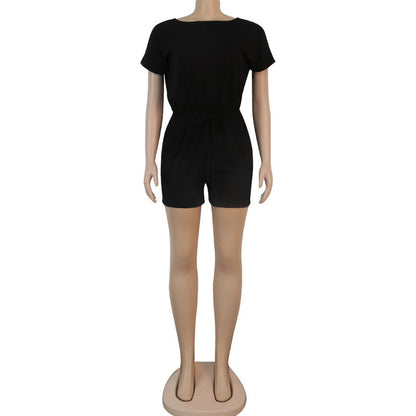 S-XL Women Casual Round Neck Short-sleeve Solid Color Lace-up Rompers