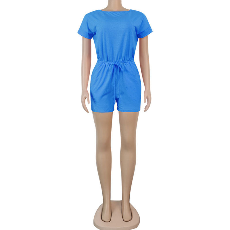 S-XL Women Casual Round Neck Short-sleeve Solid Color Lace-up Rompers