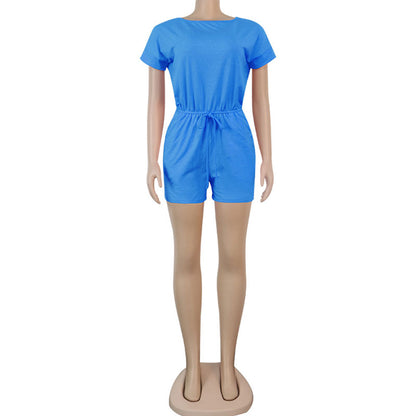 S-XL Women Casual Round Neck Short-sleeve Solid Color Lace-up Rompers