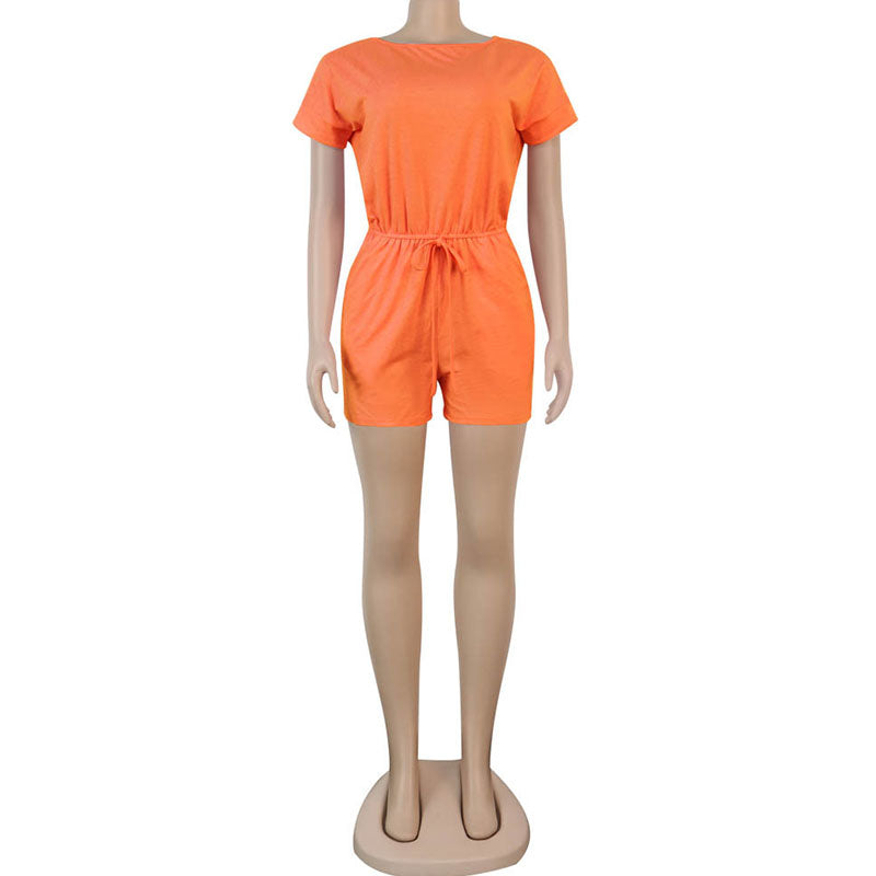 S-XL Women Casual Round Neck Short-sleeve Solid Color Lace-up Rompers