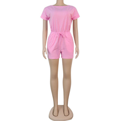 S-XL Women Casual Round Neck Short-sleeve Solid Color Lace-up Rompers