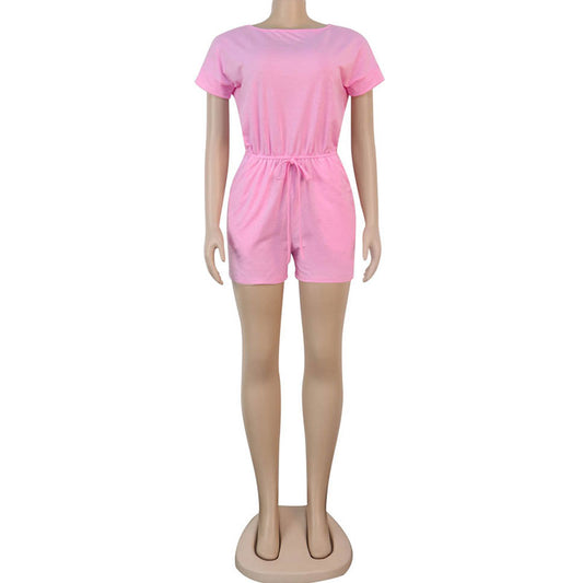 S-XL Women Casual Round Neck Short-sleeve Solid Color Lace-up Rompers