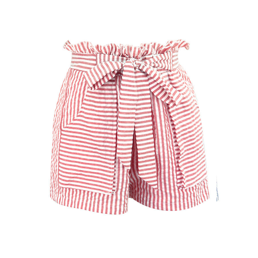 XS-L Women Casual High-waisted Striped Pocket Design Shorts