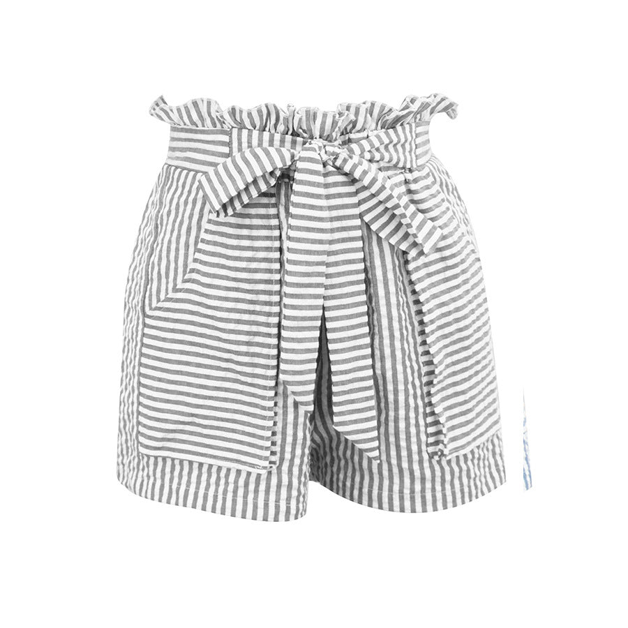 XS-L Women Casual High-waisted Striped Pocket Design Shorts